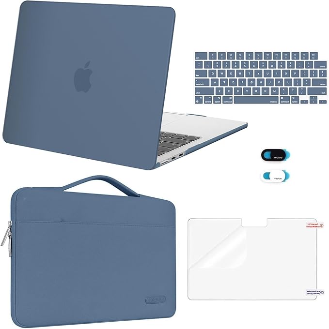 MOSISO Compatible with MacBook Air 13 inch Case 2025 2024 2023 2022 M4 A3240 M3 A3113 M2 A2681, Hard Shell&Sleeve Bag&Keyboard Skin&Webcam Cover&Screen Film for MacBook Air 13.6 inch, Steel Blue